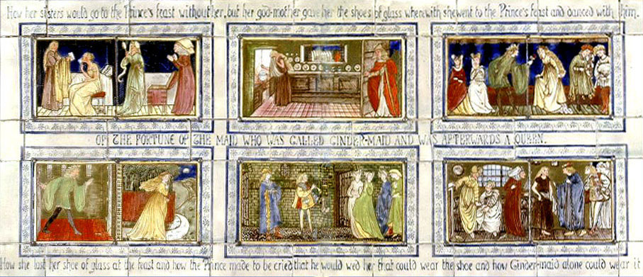Overmantel tile panels in Cinderella fairy tale theme, designed by William Morris and Edward Burne-Jones